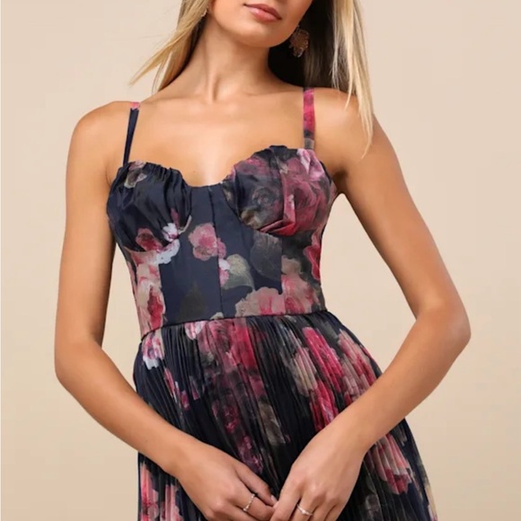 Lulu's Dark Blue Floral Pleated Midi Dress - Picture 2 of 6